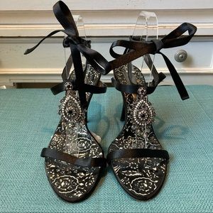 Giuseppe Zanotti Black Ribbon Sandal Crystal Silver Metallic Tear Drop Medallion